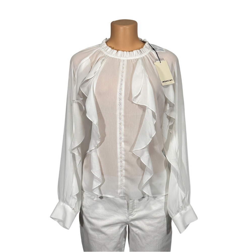 Industry Republic Clothing White Ruffle Lace Trim Blouse Sheer Long Sleeve M NWT